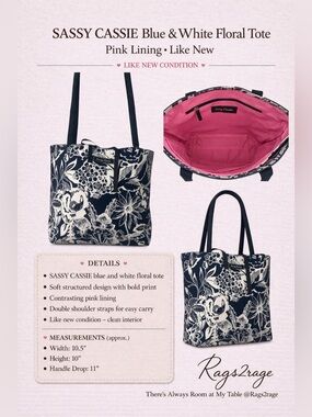 Sassy Cassie Blue White Floral Tote Bag Pink Lining Shoulder Bag
